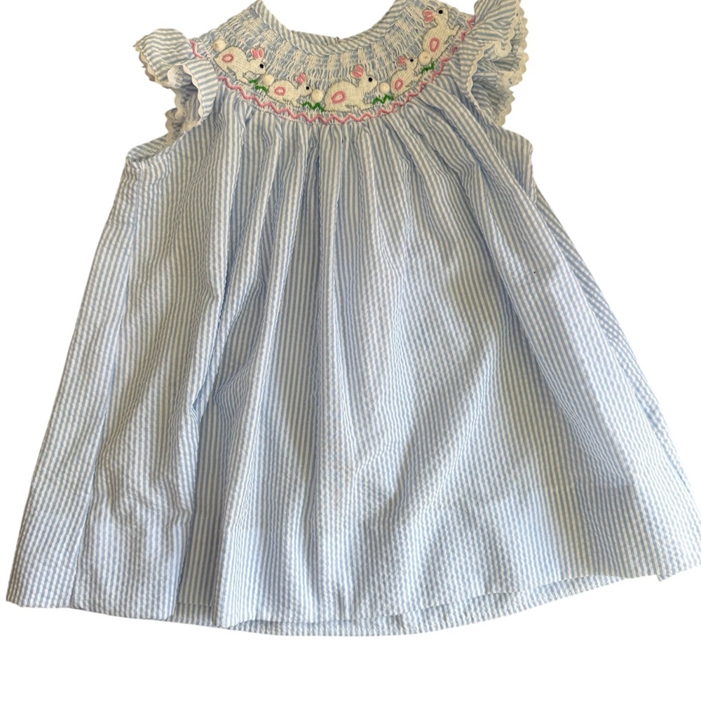 Easter Blue & white seersucker stripe darling Easter smocked bunny dress. Sz 3
